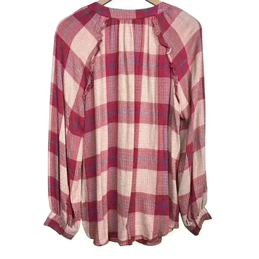 Time and Tru Maternity Pink and Blue Plaid Ruffle Flannel | Size Large